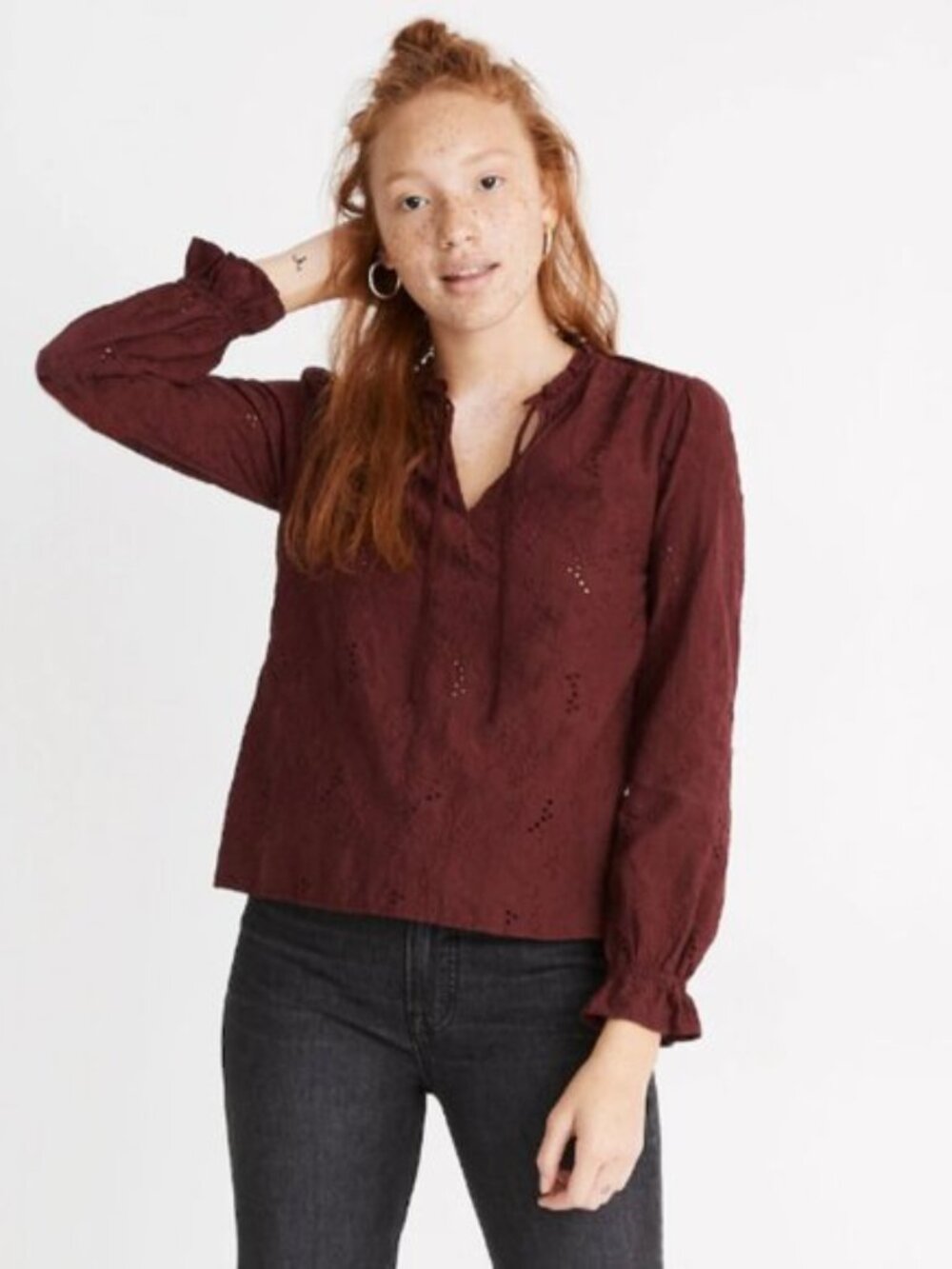 {Madewell} Embroidered Eyelet Ruffled Popover Top | Dark Cabernet - Size XS
